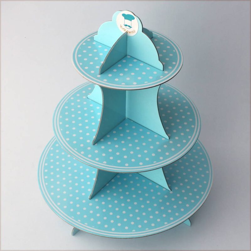 3 tier Cardboard Cupcake Stand Blue and White Polka Dots